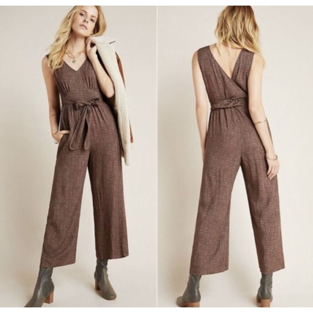 Anthropologie Hutch Radley Brown Tile Abstract Wide Leg Jumpsuit Small NWT